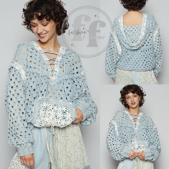 POL Laser Cut Denim Lace Hoodie Openwork Denim Crochet Lace Up Hoodie Top - Picture 2 of 4